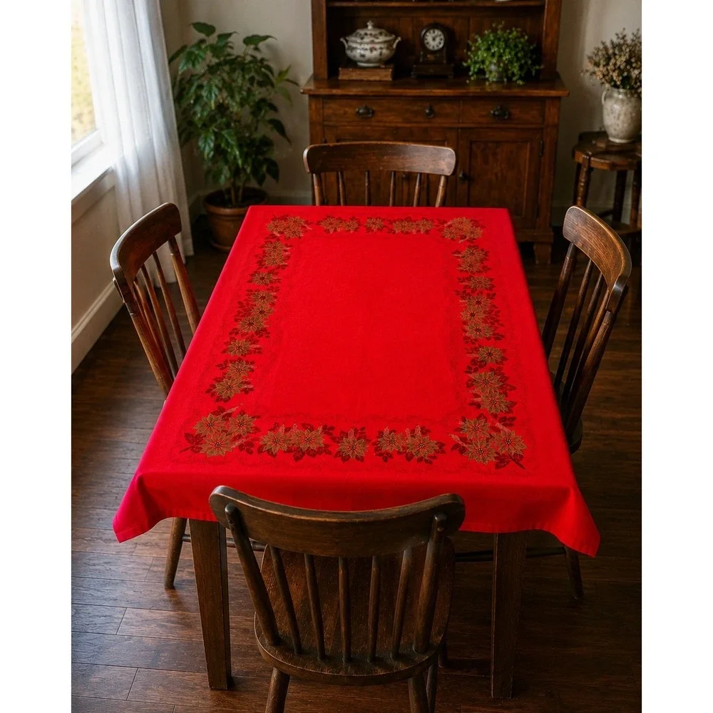 Vintage Christmas Poinsettia Tablecloth Red Rectangle 52x62